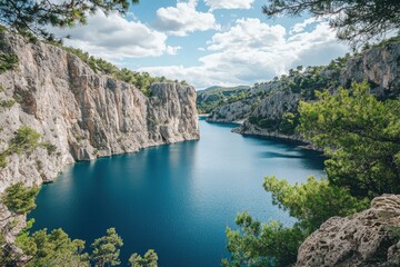 Majestic river flows through rocky cliffs in a lush green landscape under a bright blue sky with fluffy clouds in Southern France during the day. Generative AI