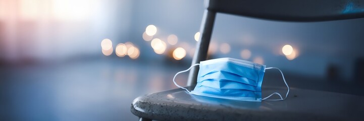 Used face mask on a chair with somber mood in empty room
