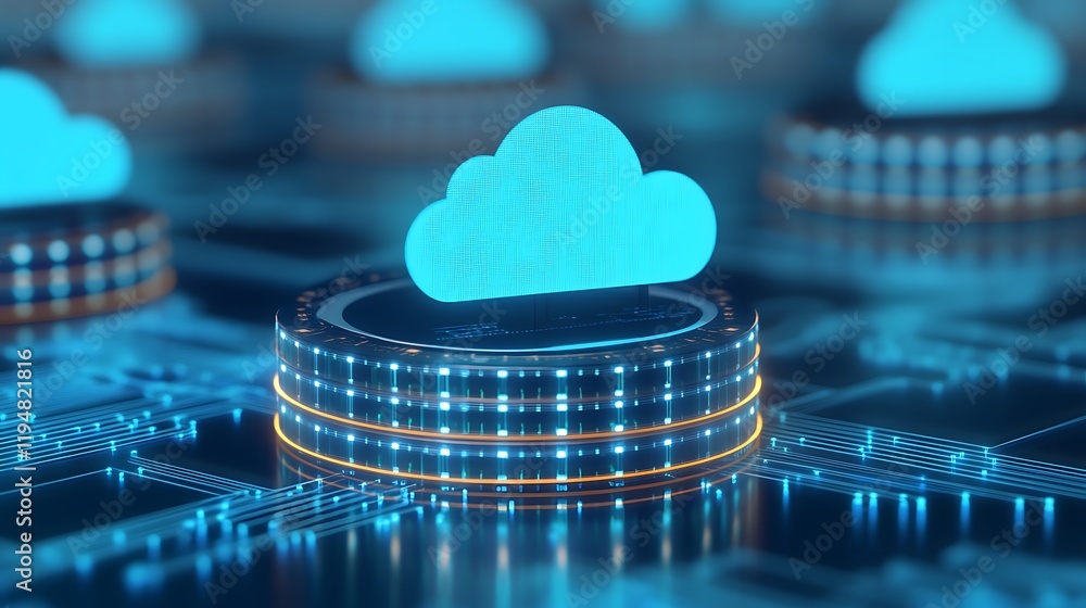 Poster futuristic cloud computing concept with digital circuits and data storage visualization in blue glow