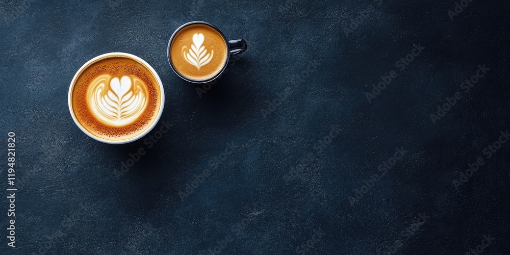 Poster aerial view of a latte and cappuccino with intricate latte art on dark textured surface featuring am