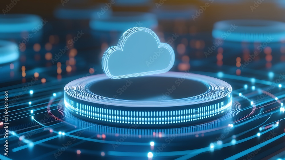 Poster futuristic cloud computing concept with digital circuits and data storage visualization in vivid col