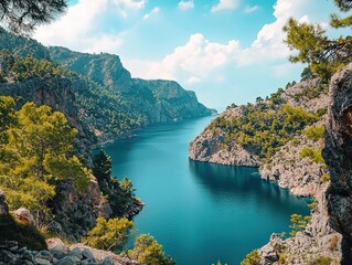 Majestic mountain lake surrounded by lush forests and towering peaks under a clear blue sky. Generative AI