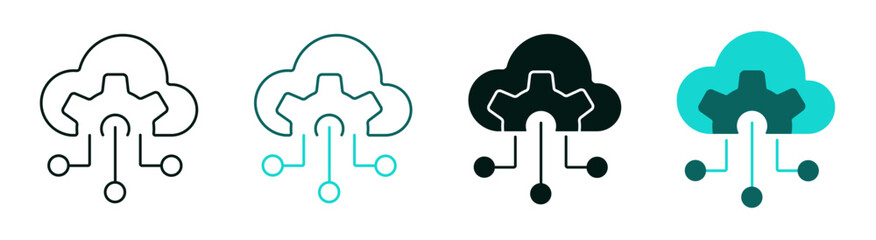 Cloud computing icon set. Data cloud tech circuit logo for web or mobile app. Artificial intelligence, database or big data concept. Technology AI symbol on white background. Editable vector stroke.