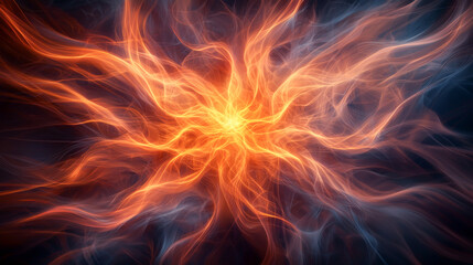Abstract fiery swirl of orange and blue light on a dark background.