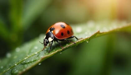 Fototapeta premium Red ladybug with black spots on green leaf in soft sunlight