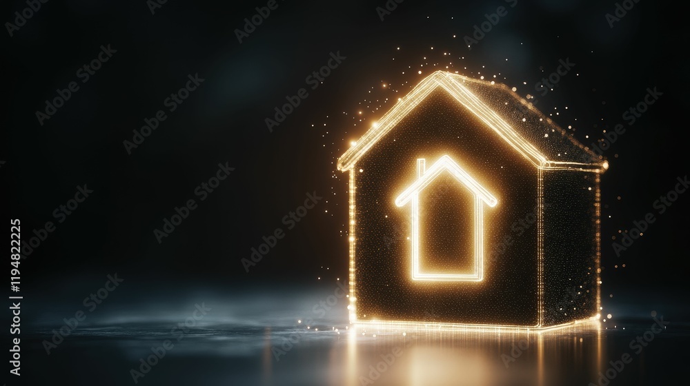 Poster digital vault unveiling glowing house symbol virtual space graphic dark environment close-up view co