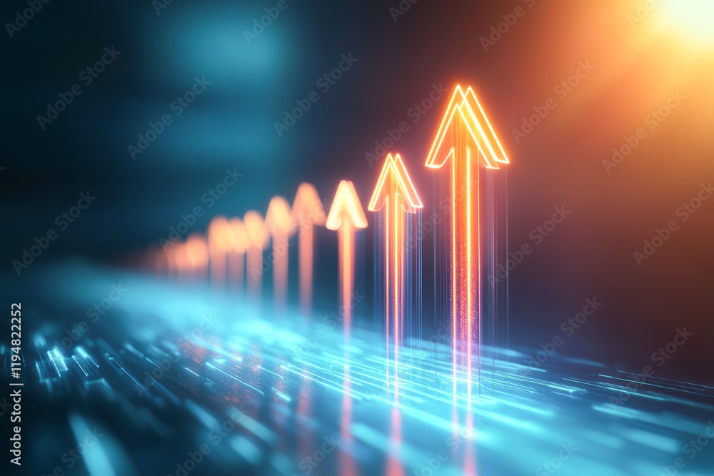 Poster abstract glowing arrows representing progress and direction in a digital landscape.