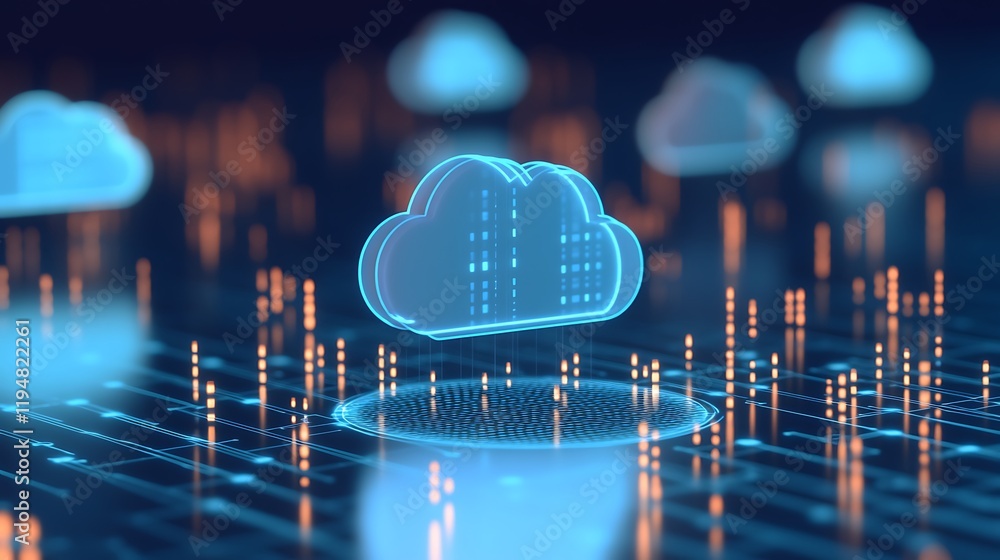 Poster futuristic cloud computing concept with digital data flow and neon circuits on a dark background