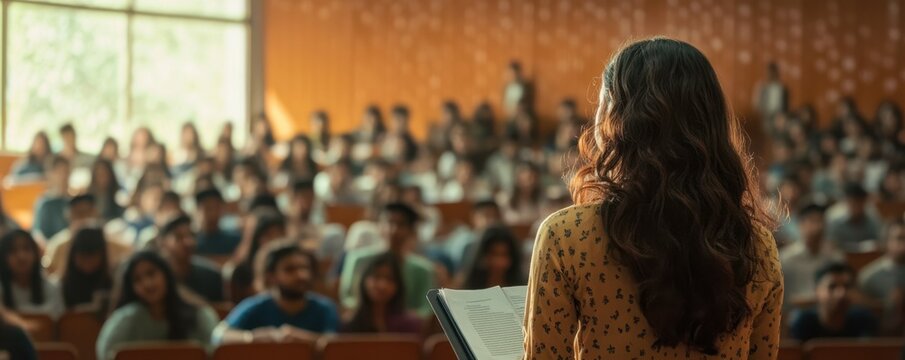 An Indian female professor giving a lecture to university students in a large lecture hall, emphasizing higher education