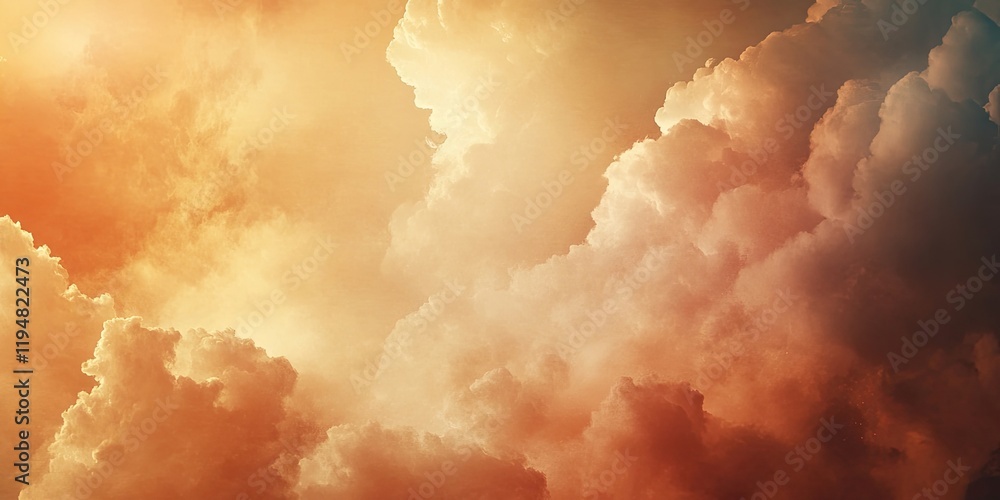 Poster dreamy abstract background with billowing orange and beige clouds, softly illuminated, creating a se