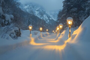Winter Wonderland Night Scene with Snow-Covered Pathway and Glowing Street Lamps