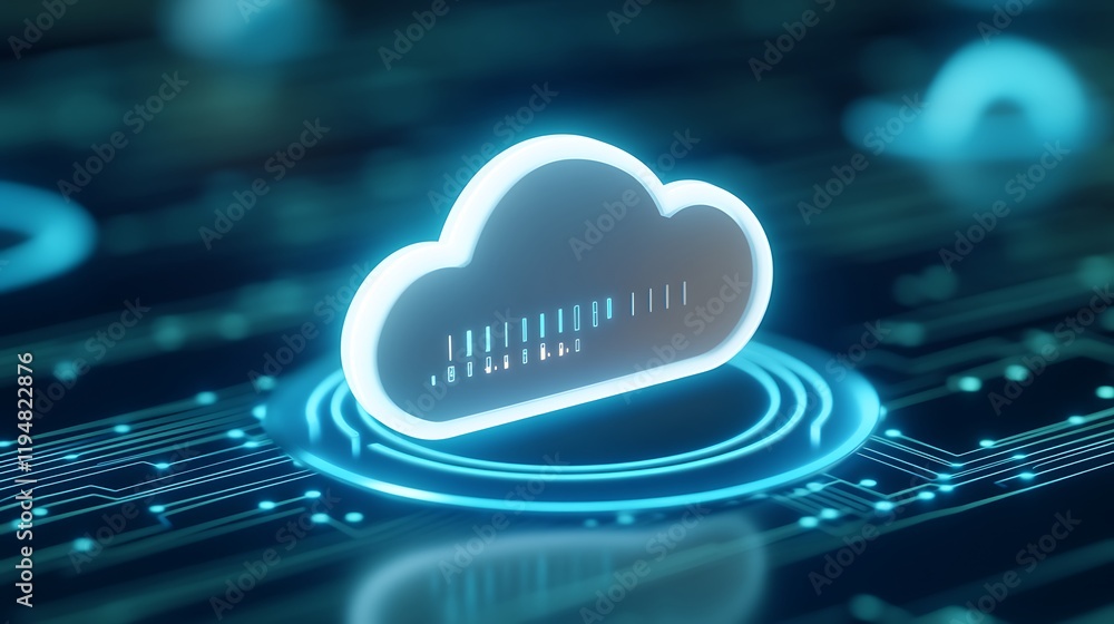 Poster futuristic cloud computing concept with digital elements and blue neon lights representing data tran