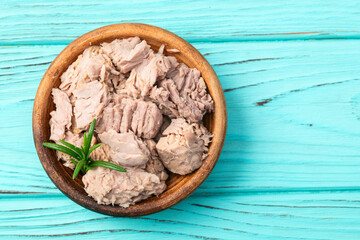 Canned tuna in bowl photography . Top view