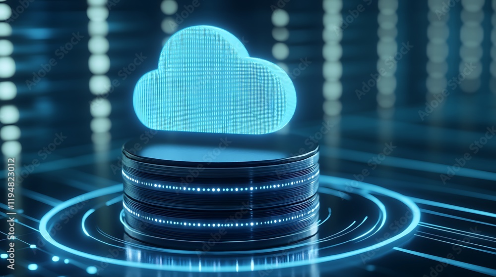 Aufkleber futuristic cloud computing concept with digital elements and neon lights on dark background