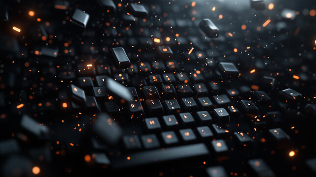 A black keyboard with flying keys and sparks, emphasizing the technology and atmosphere of digital chaos.
