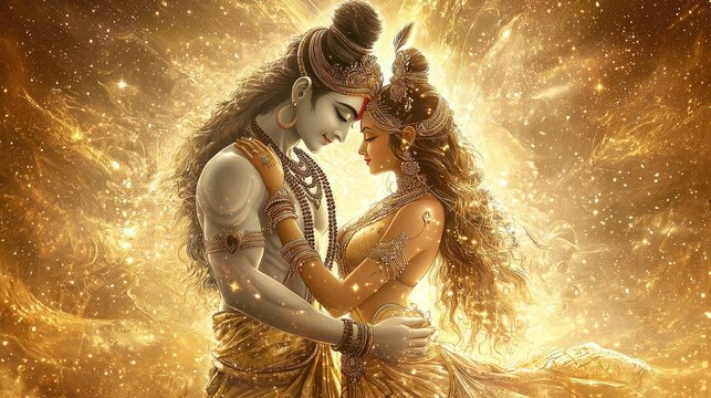 Shiva and Parvati depicted in a cosmic embrace surrounded by radiant golden light. Symbolizes divine love, union, and harmony in Hindu mythology. Generative AI.