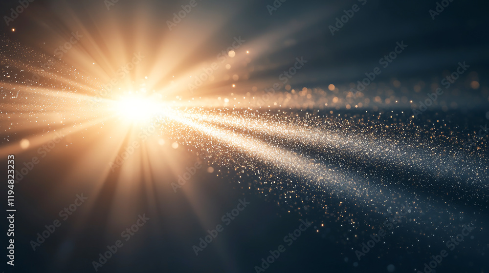 Poster abstract light beams radiate through particles, creating an ethereal atmosphere.