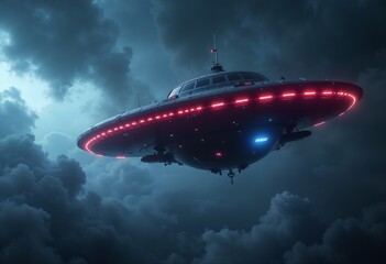 Fototapeta premium Futuristic UFO hovering in dark cloudy sky with glowing lights and atmospheric effects 