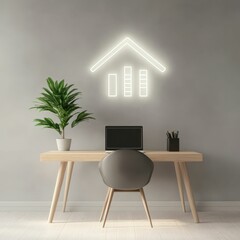 Minimalist workspace with holographic loan terms projected modern office digital sleek design innovative concept