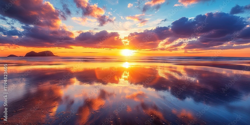 Poster vibrant sunset over the ocean with colorful reflections on wet sand and clouds in the sky creating a