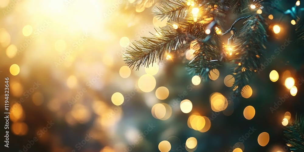 Aufkleber warm golden bokeh lights shimmer through pine tree branches creating a festive atmosphere with a sof