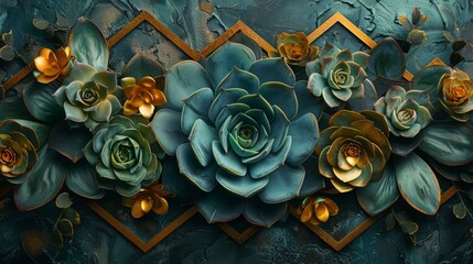 Art deco-inspired succulent composition, symmetrical arrangement with metallic gold and silver rosettes