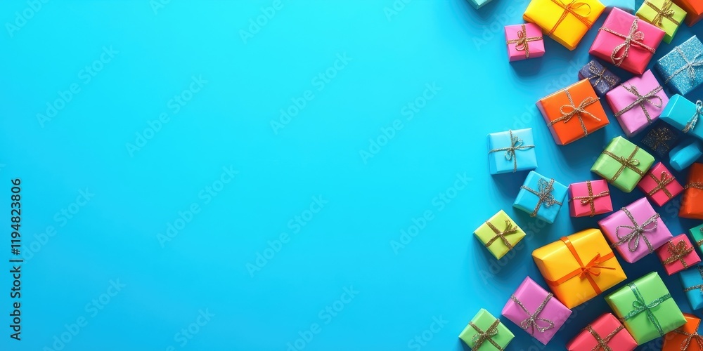 Poster vibrant multicolored gift boxes in various sizes scattered on a bright blue background with ample em