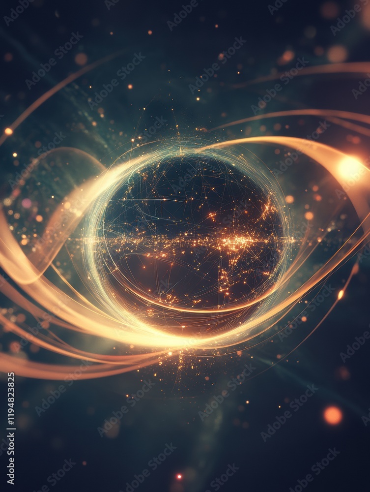 Leinwandbilder Glowing digital globe surrounded by flowing lines and luminous points creating a futuristic appearance. Generative AI