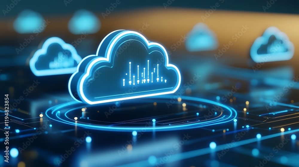 Aufkleber futuristic cloud computing concept with glowing blue cloud icons and data visualizations on digital 