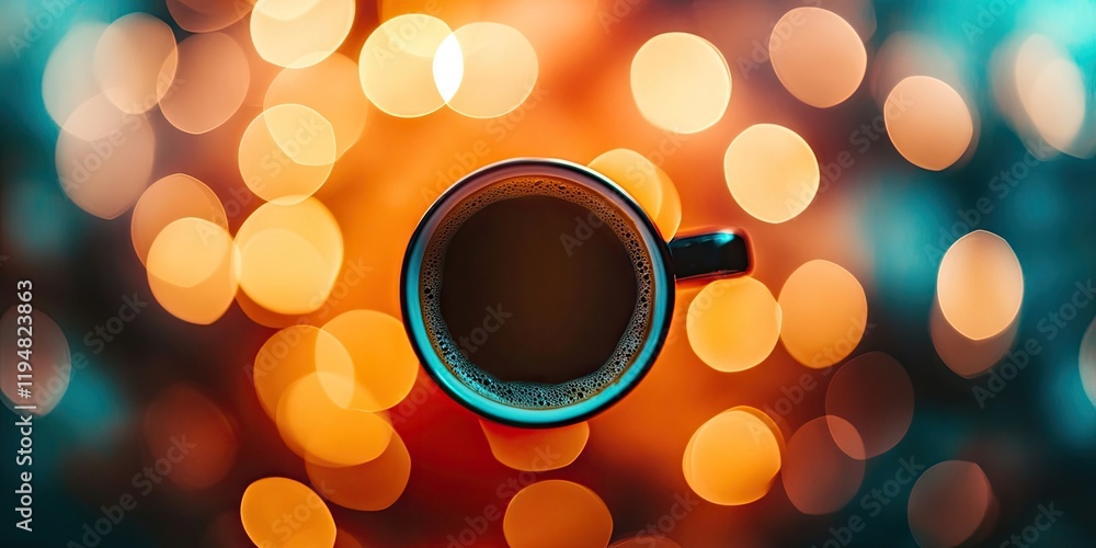 Poster top view of a coffee cup with dark liquid in a black handle on a blurred orange and blue bokeh backg