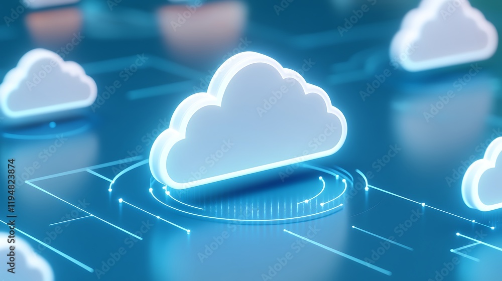Poster futuristic cloud computing concept with glowing blue clouds and digital connections in a technology 