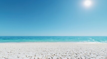 Serene beach with pebbles and calm ocean under a clear sky.