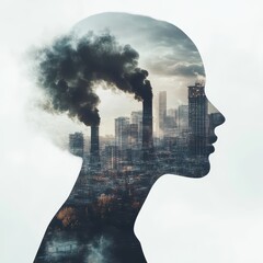 A double exposure of a human face and a polluted urban landscape, representing the connection between pollution and health issues