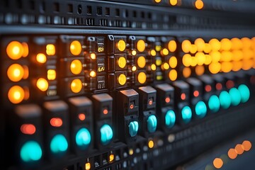 Modern Data Center with LED Indicators and Control Panels for IT Infrastructure Management