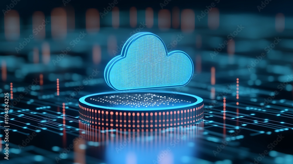 Poster futuristic cloud computing concept with glowing digital circuits and a blue cloud symbol on dark bac