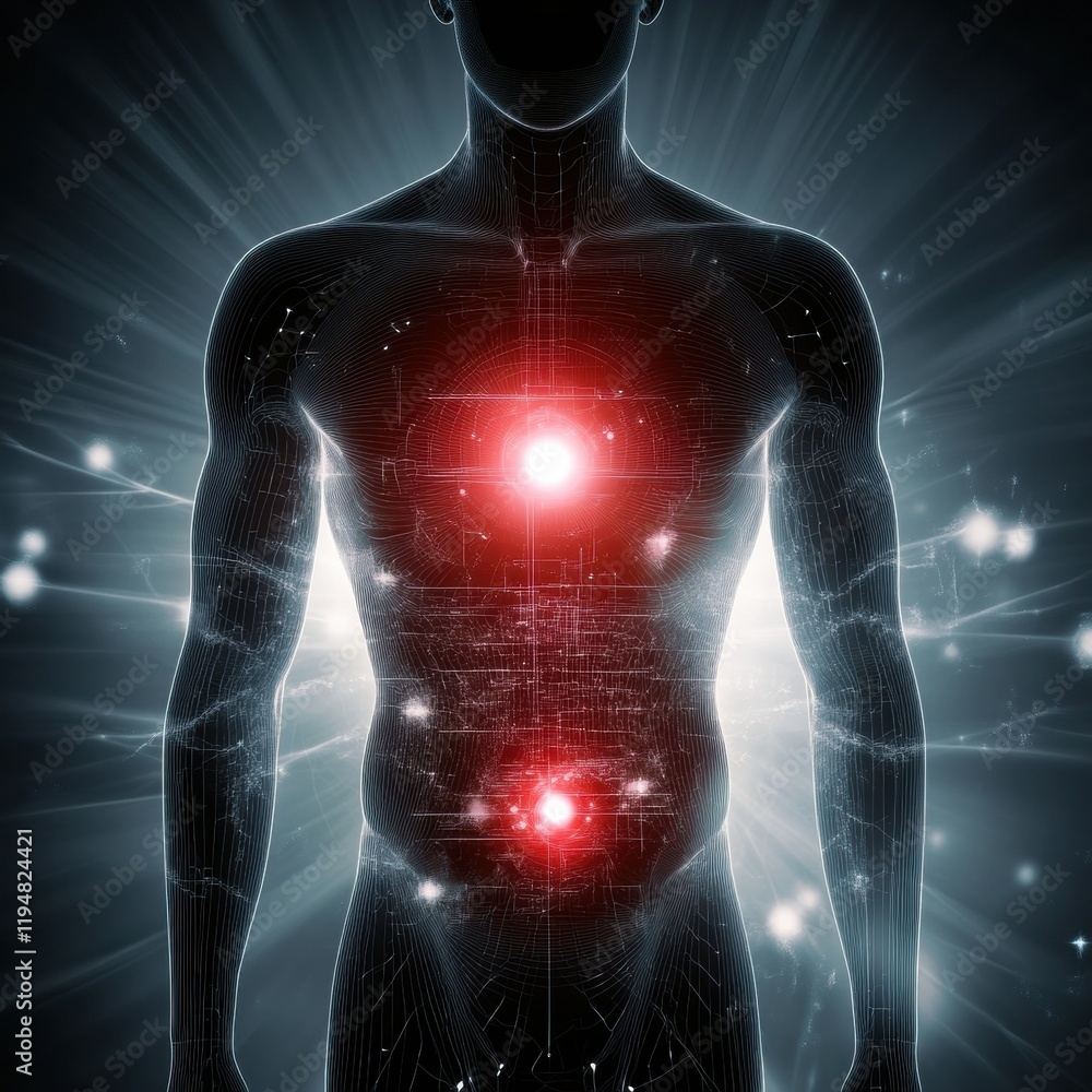 Poster glowing human torso with vibrant red focal point illuminating the abdomen during an abstract represe