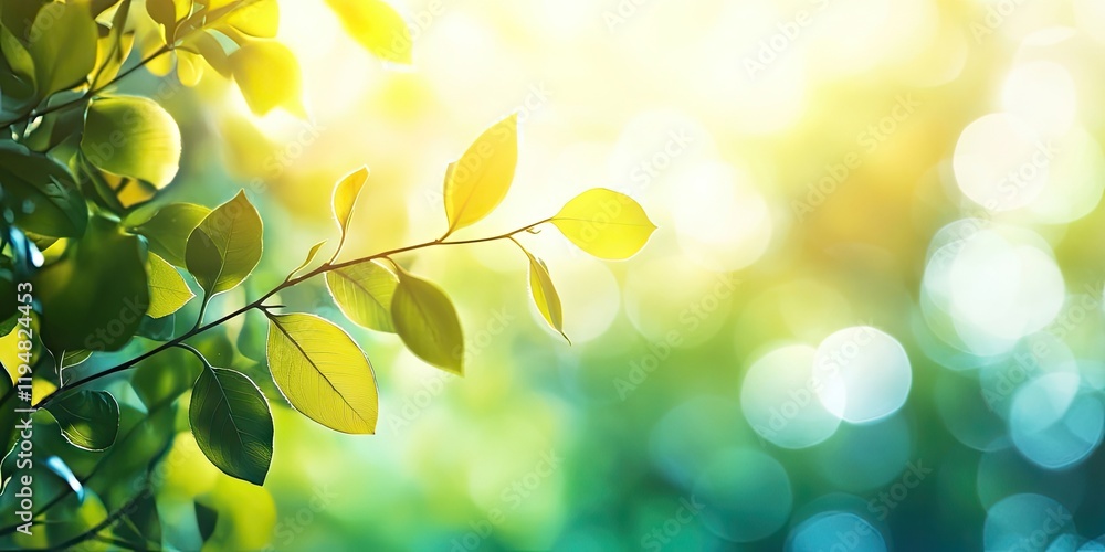 Poster vibrant green leaves softly illuminated by golden sunlight with a blurred background, creating a ser