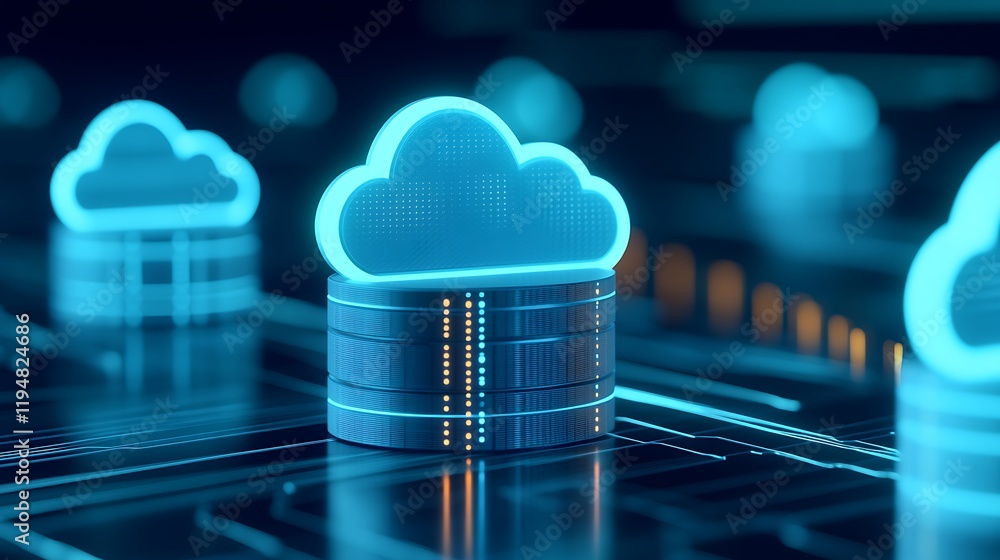 Poster futuristic cloud computing concept with neon clouds and digital data storage in a modern network env