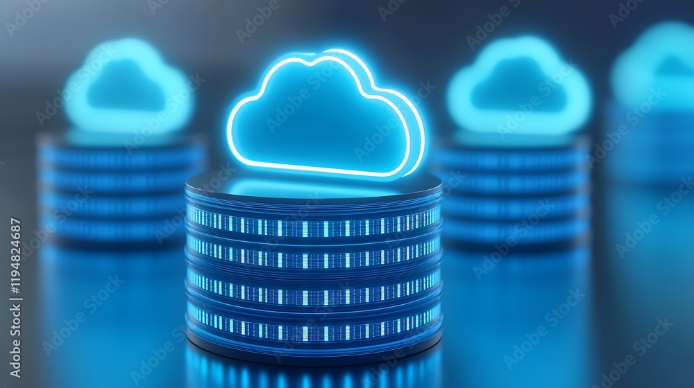 Poster futuristic cloud computing concept with neon cloud icon above digital data storage units in a tech e