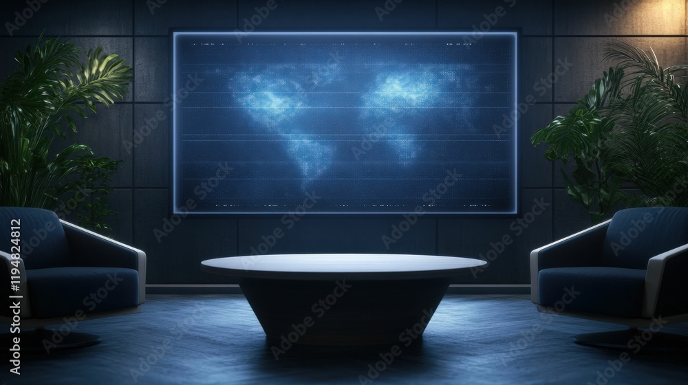 Poster futuristic office environment with high-tech screens displaying global data insights