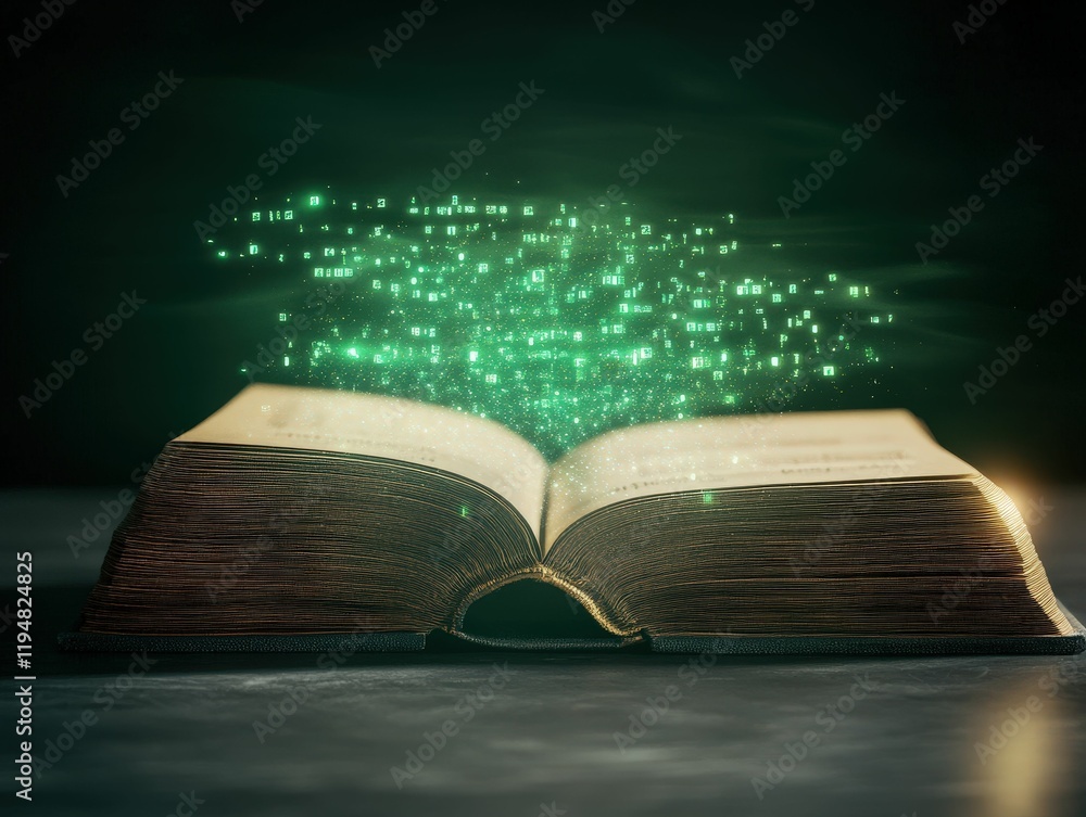Poster futuristic glowing ledger book enigmatic library digital mystical environment close-up view timeless