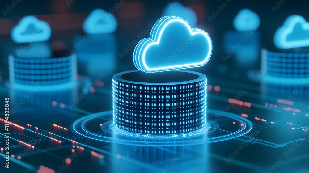 Poster futuristic cloud computing concept with neon glowing elements and data visualization graphics