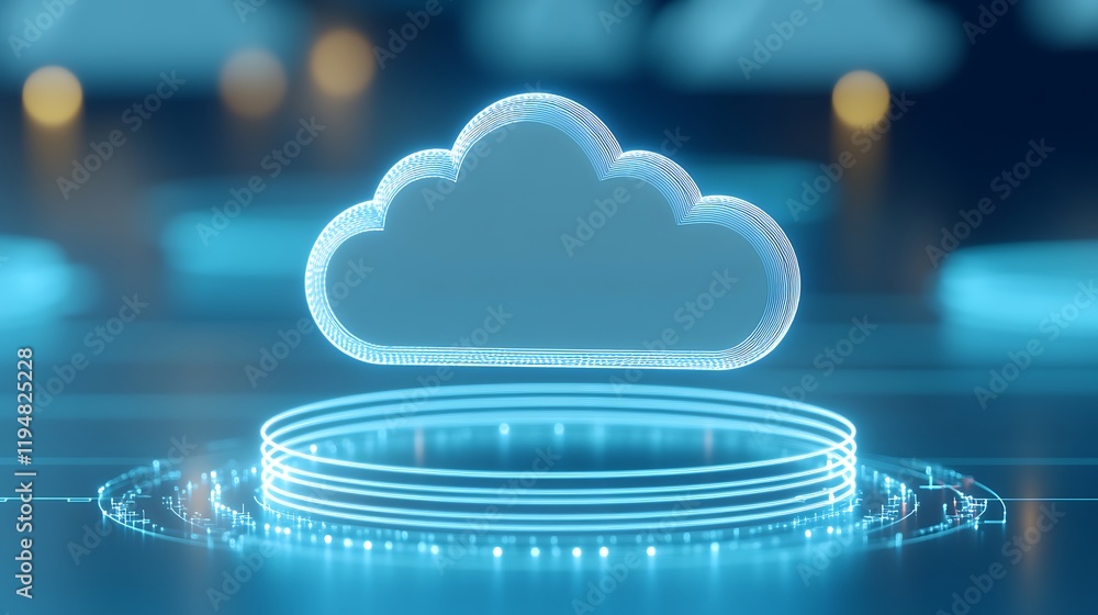 Poster futuristic cloud computing concept with neon light and digital elements in a modern data environment