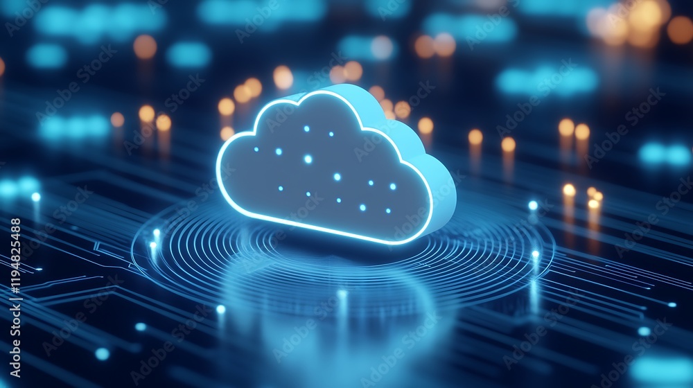 Poster futuristic cloud computing concept with neon lights and digital circuit background for technology th