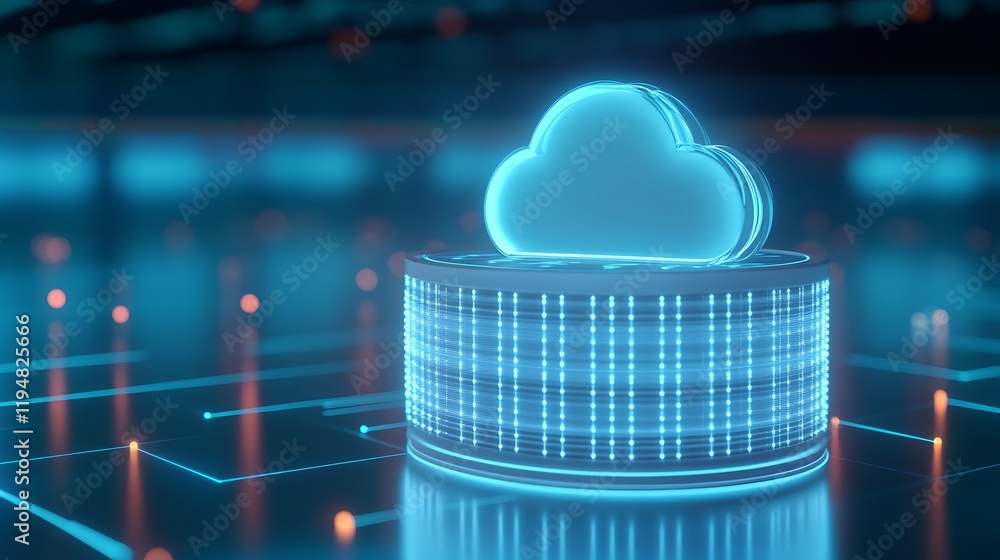 Poster futuristic cloud computing concept with neon lights and digital data surrounding cloud symbol