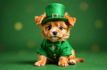 a postcard for St. Patrick's Day. a small red-haired puppy in a hat and a leprechaun costume on a green background with lights.