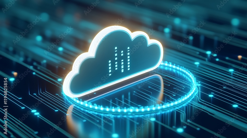 Poster futuristic cloud computing concept with network connections and data visualization in blue light ele