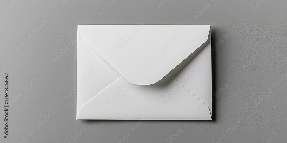 Poster top view of an open white envelope with a blank card inside on a grey background, featuring clean li
