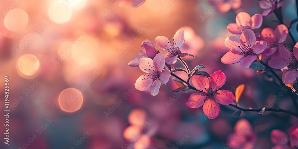 Poster soft pink blossoms with gentle bokeh background in warm golden tones, creating a serene spring atmos