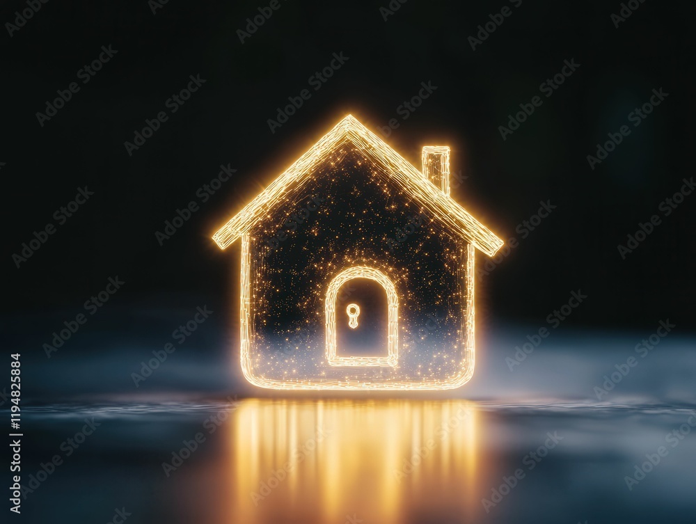 Poster glowing digital house floating in virtual space surreal modern environment abstract concept